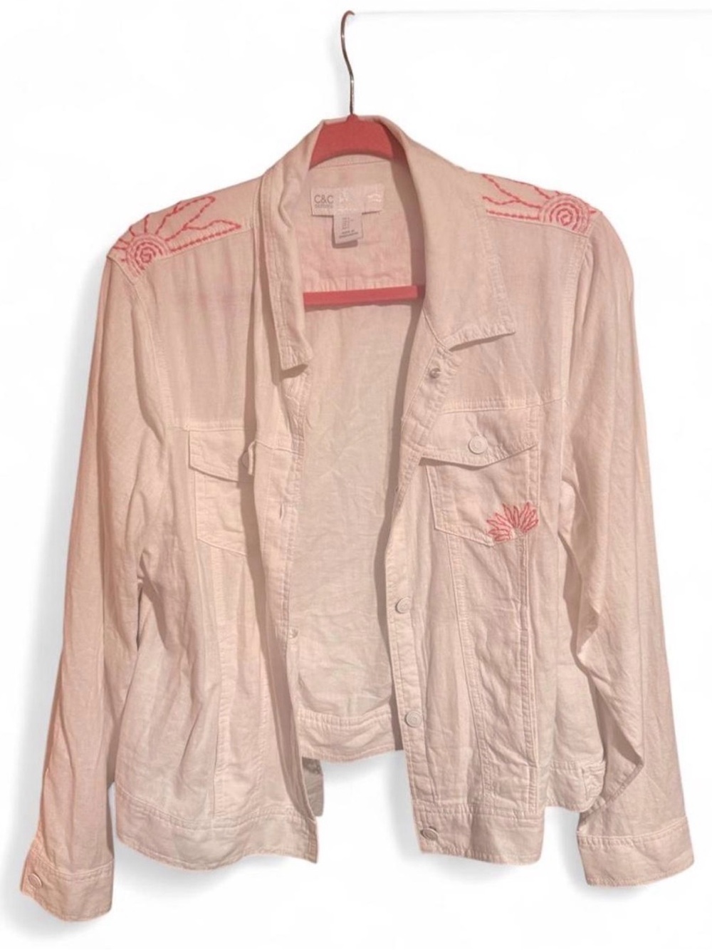 C&C California white and  Pink Embroidered Cotton Jean Jacket